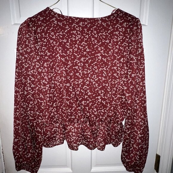 Lush Long Sleeve V-Neck Cropped Blouse - Brick Red Cream Floral Ruffled Size XXL - Picture 5 of 10